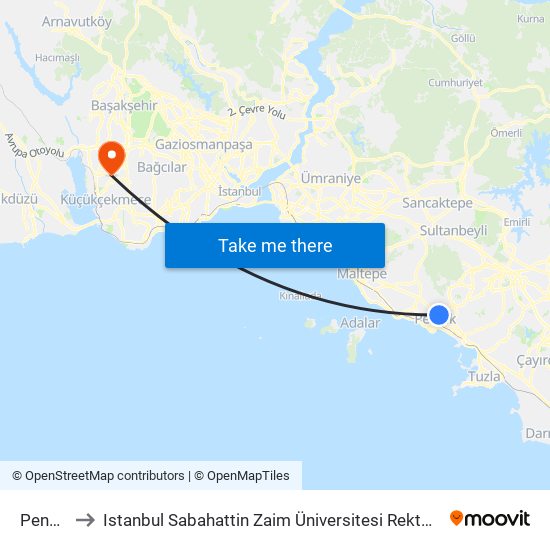 Pendik to Istanbul Sabahattin Zaim Üniversitesi Rektörlüğü map