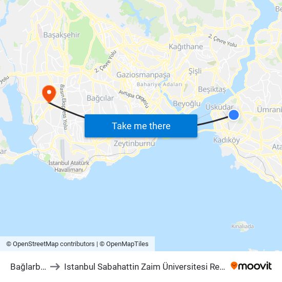 Bağlarbaşı to Istanbul Sabahattin Zaim Üniversitesi Rektörlüğü map