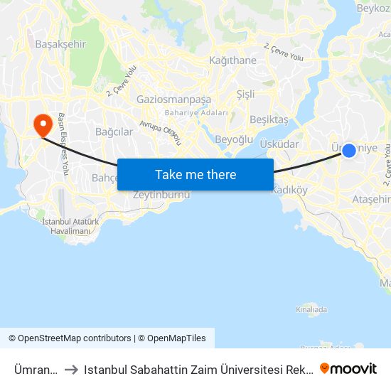 Ümraniye to Istanbul Sabahattin Zaim Üniversitesi Rektörlüğü map