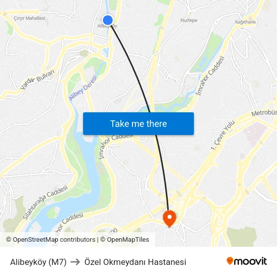 Alibeyköy (M7) to Özel Okmeydanı Hastanesi map
