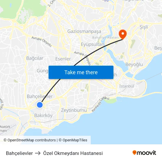 Bahçelievler to Özel Okmeydanı Hastanesi map