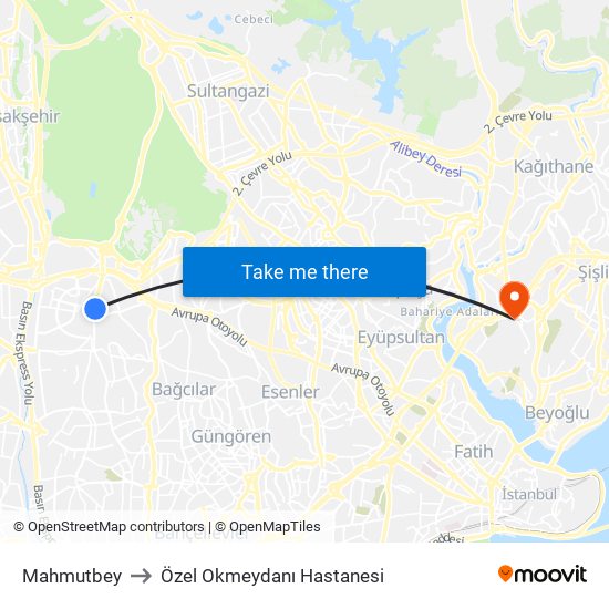 Mahmutbey to Özel Okmeydanı Hastanesi map
