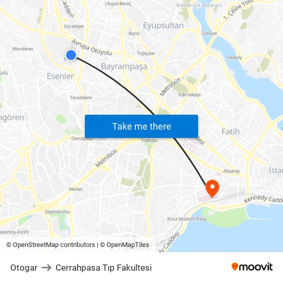 Otogar to Cerrahpasa Tıp Fakultesi map