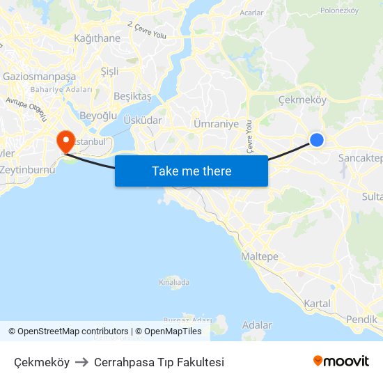 Çekmeköy to Cerrahpasa Tıp Fakultesi map