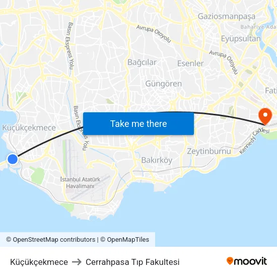 Küçükçekmece to Cerrahpasa Tıp Fakultesi map