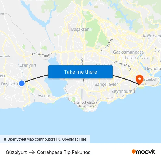 Güzelyurt to Cerrahpasa Tıp Fakultesi map