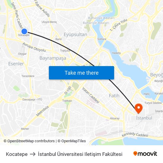 Kocatepe to İstanbul Üniversitesi Iletişim Fakültesi map