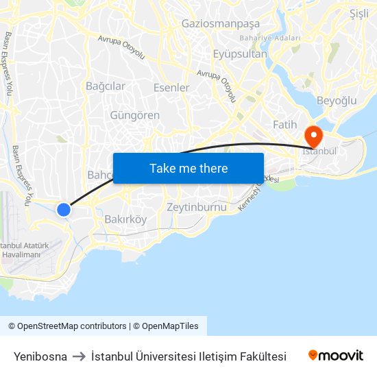 Yenibosna to İstanbul Üniversitesi Iletişim Fakültesi map
