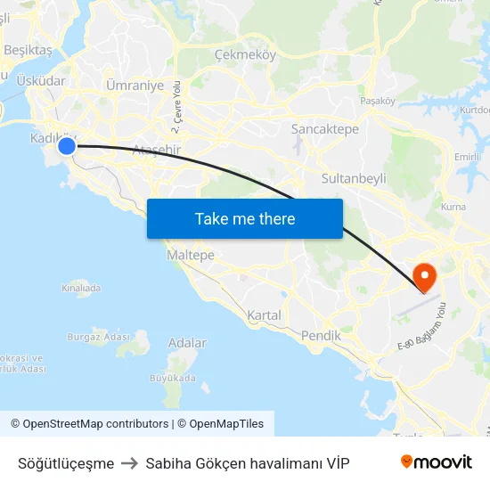Söğütlüçeşme to Sabiha Gökçen havalimanı VİP map