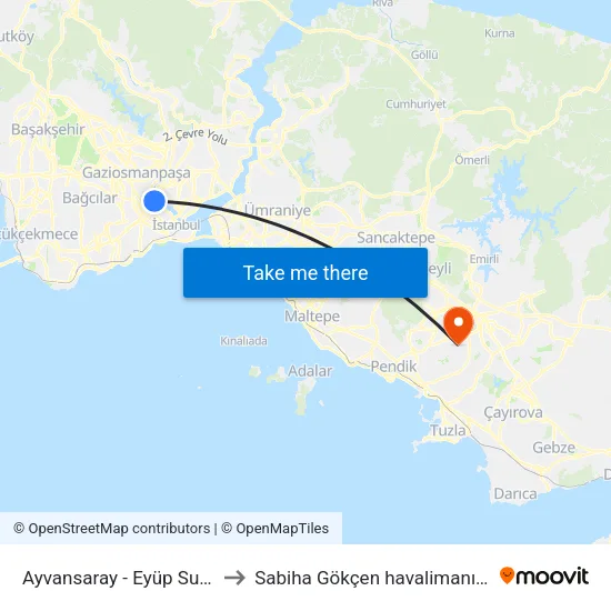 Ayvansaray - Eyüp Sultan to Sabiha Gökçen havalimanı VİP map