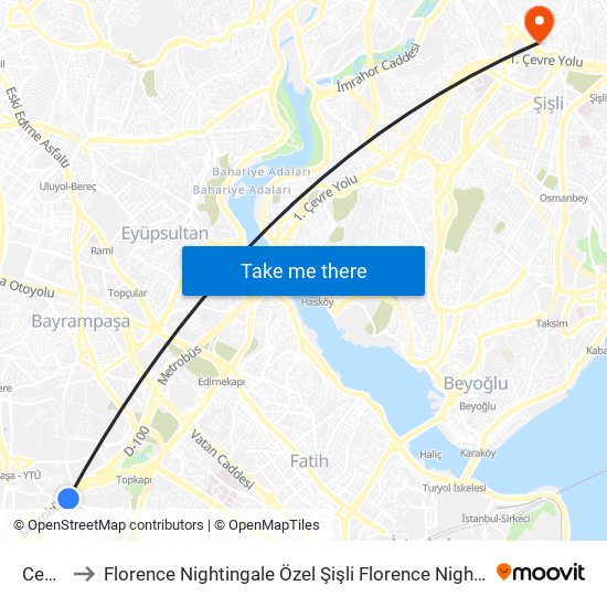 Cevizlibağ to Florence Nightingale Özel Şişli Florence Nightingale Hastanesi Anonim Şirket Helikopter Pisti map