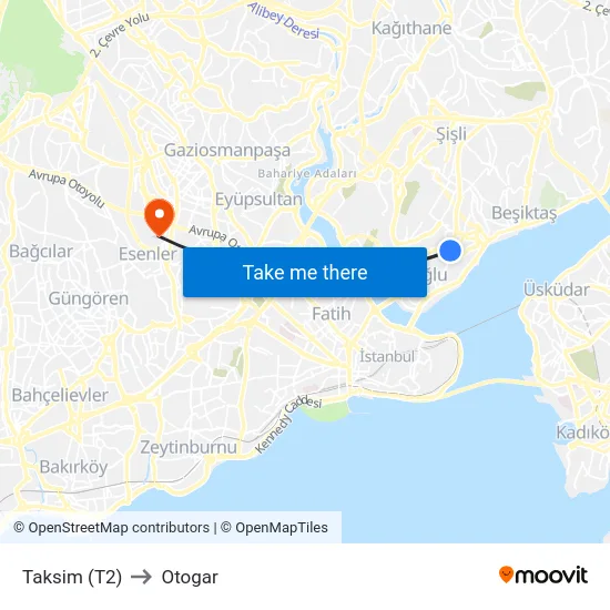 Taksim (T2) to Otogar map