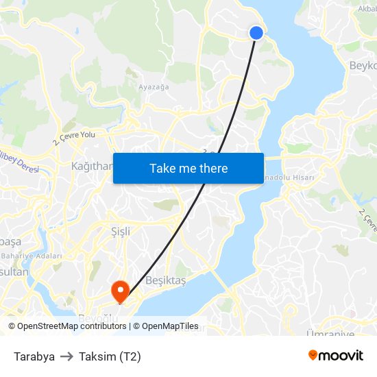 Tarabya to Taksim (T2) map