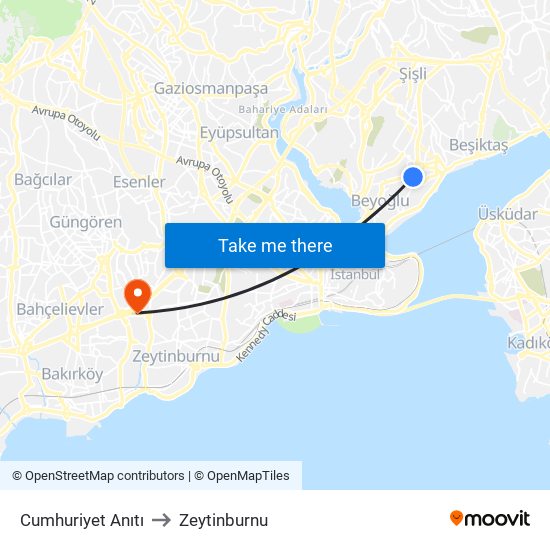 Cumhuriyet Anıtı to Zeytinburnu map