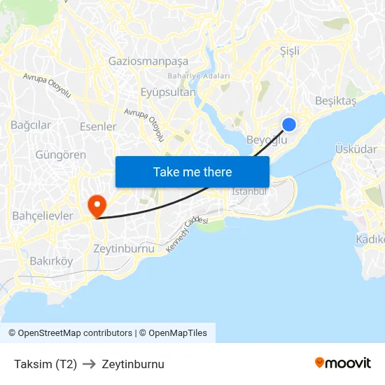 Taksim (T2) to Zeytinburnu map