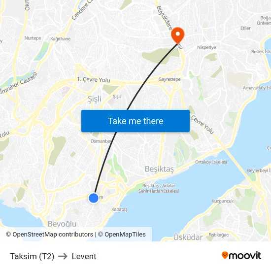 Taksim (T2) to Levent map