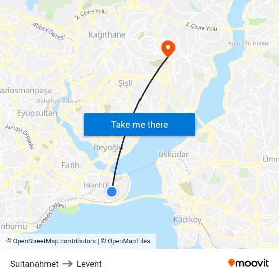 Sultanahmet to Levent map