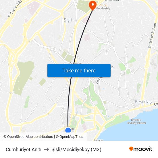 Cumhuriyet Anıtı to Şişli/Mecidiyeköy (M2) map