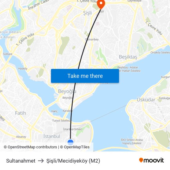 Sultanahmet to Şişli/Mecidiyeköy (M2) map