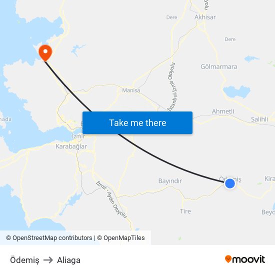Ödemiş to Aliaga map