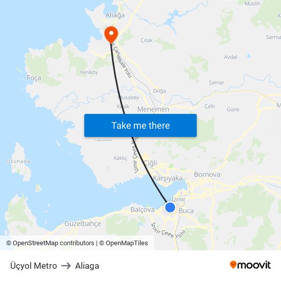 Üçyol Metro to Aliaga map