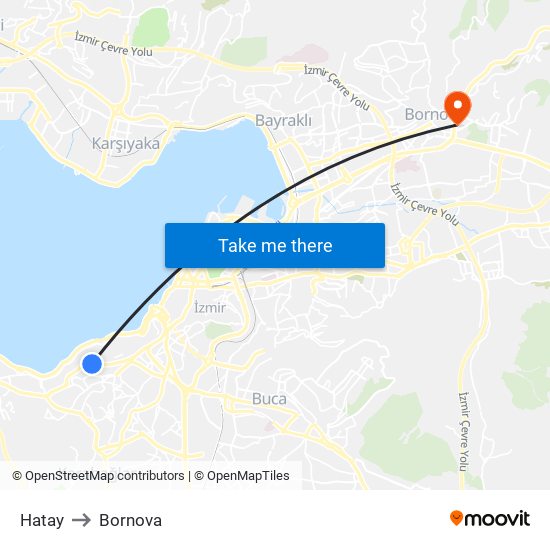 Hatay to Bornova map