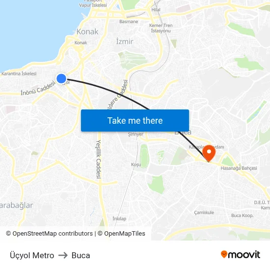 Üçyol Metro to Buca map