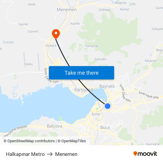 Halkapınar Metro to Menemen map