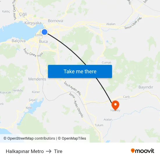 Halkapınar Metro to Tire map