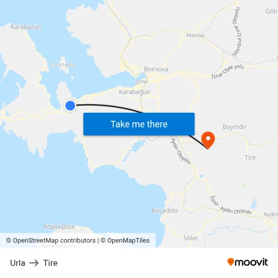 Urla to Tire map