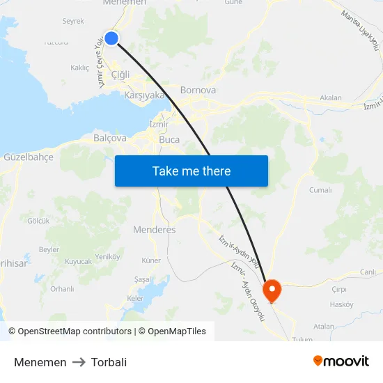 Menemen to Torbali map