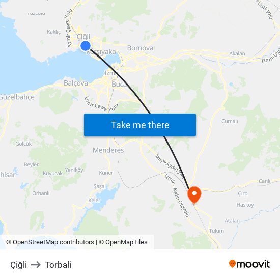 Çiğli to Torbali map