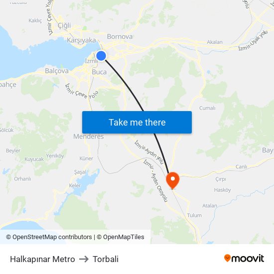 Halkapınar Metro to Torbali map