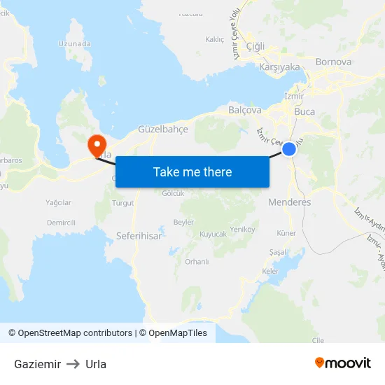 Gaziemir to Urla map