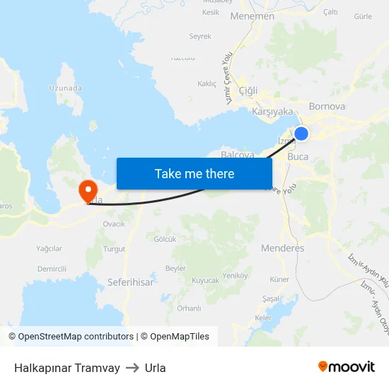 Halkapınar Tramvay to Urla map