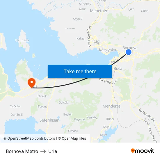Bornova Metro to Urla map