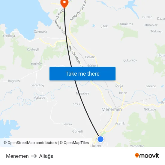 Menemen to Aliağa map