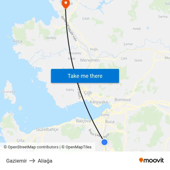 Gaziemir to Aliağa map