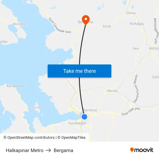 Halkapınar Metro to Bergama map