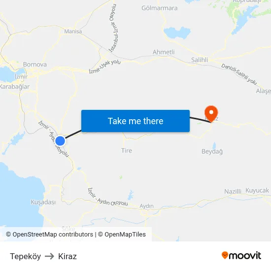 Tepeköy to Kiraz map