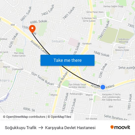 Soğukkuyu Trafik to Karşıyaka Devlet Hastanesi map
