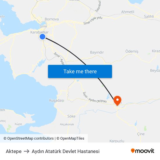 Aktepe to Aydın Atatürk Devlet Hastanesi map