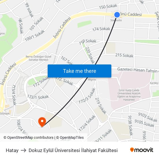 Hatay to Dokuz Eylül Üniversitesi İlahiyat Fakültesi map