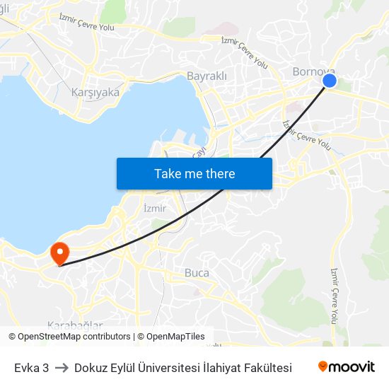 Evka 3 to Dokuz Eylül Üniversitesi İlahiyat Fakültesi map