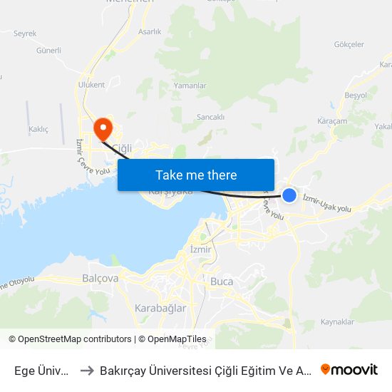 Ege Üniversitesi to Bakırçay Üniversitesi Çiğli Eğitim Ve Araştırma Hastanesi map