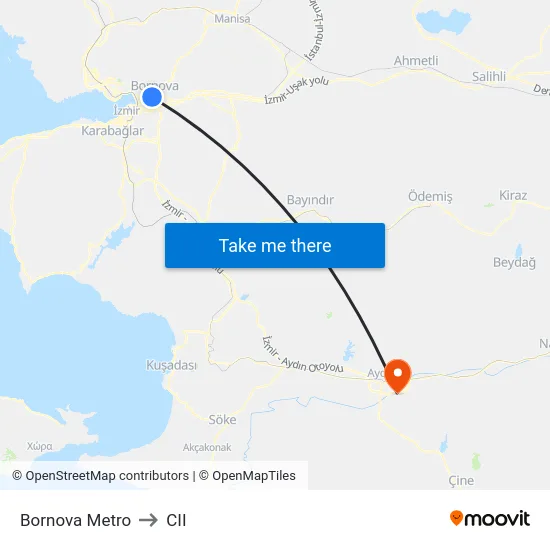 Bornova Metro to CII map