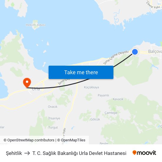 Şehitlik to T. C. Sağlık Bakanlığı Urla Devlet Hastanesi map