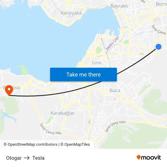 Otogar to Tesla map