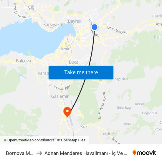 Bornova Metro to Adnan Menderes Havalimanı - İç Ve Dış Hatlar map