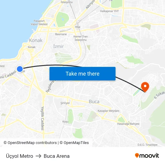 Üçyol Metro to Buca Arena map
